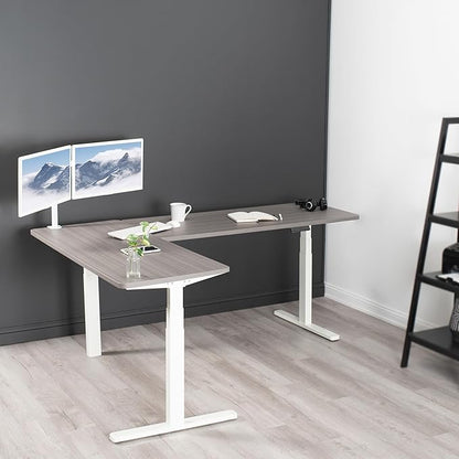 VIVO Electric Height Adjustable 83 x 60 inch Corner Stand Up Desk, 2 Dark Gray Solid Table Tops, White Frame, Memory Controller, L-Shaped Workstation, 3E Series, DESK-KIT-3E8WG