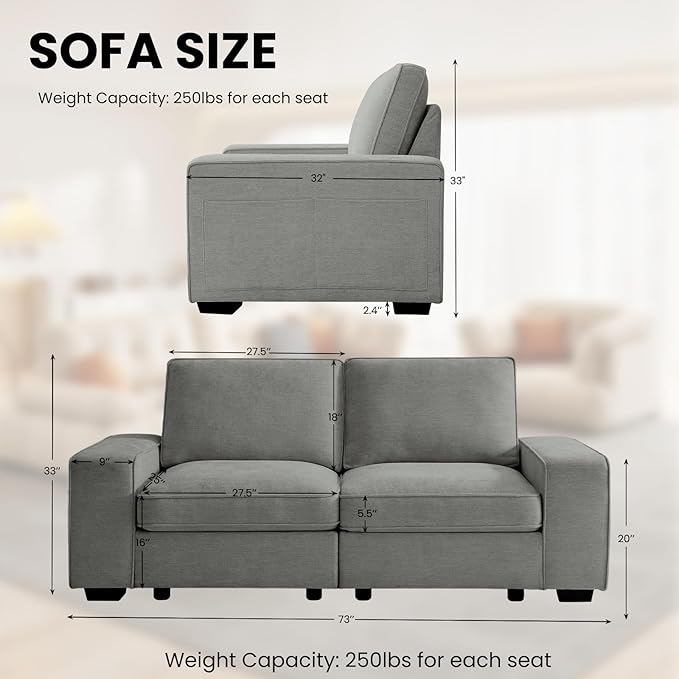 TEKAMON 73" Modular Sofa Couch with Seat Storage, Comfy 2-Seater Chenille Fabric Loveseat Sofa for Living Room, Office, Apartment W/Deep Seat, Wide Armrest, USB Charing Removable Cover(Light Grey)