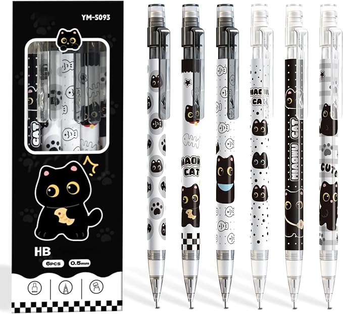 6 Pcs Black Cute Cat Mechanical Pencils with Eraser 0.5mm Kawaii Cartoon Cat Mechanical Pencil School Pencil Cat Gifts for Women Man