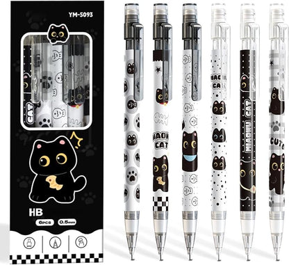6 Pcs Black Cute Cat Mechanical Pencils with Eraser 0.5mm Kawaii Cartoon Cat Mechanical Pencil School Pencil Cat Gifts for Women Man