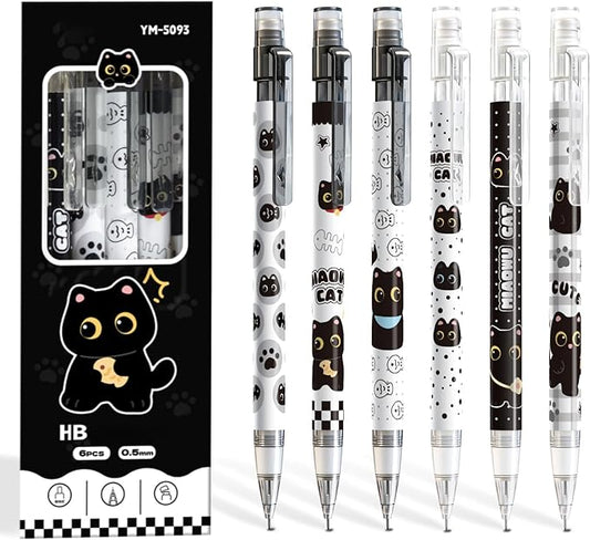 6 Pcs Black Cute Cat Mechanical Pencils with Eraser 0.5mm Kawaii Cartoon Cat Mechanical Pencil School Pencil Cat Gifts for Women Man