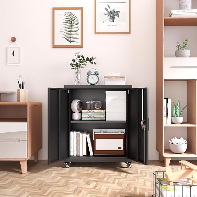 LUCYPAL Metal Storage Cabinet with Wheels,31.5" H Steel Storage Cabinet with Locking Doors and Adjustable Shelves,Metal Garage Storage Cabinets for Home Office,Kitchen,Black