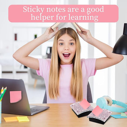 Rhinestone Self Sticky Note Holder Post it Note Dispenser Pop-Up Sticky Notes Dispenser 3 x 3 inch Post it Dispenser for Office Desk Accessories(Pink)