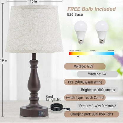 Table Lamps for Bedrooms Set of 2 - Touch Bedside Lamps with USB C+A Ports - 3 Way Dimmable Nightstand Lamps for End Tables Farmhouse Night Stand Lamps for Living Room Bed Side Guest Room