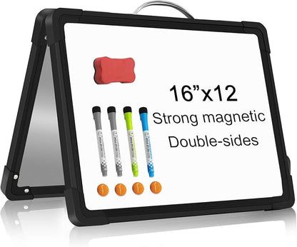H-Qprobd Small Dry Erase White Board - 16"x 12" Double Sided Mini Foldable Magnetic Desktop whiteboard for Drawing, Teacher Instruction and Meeting Discuss