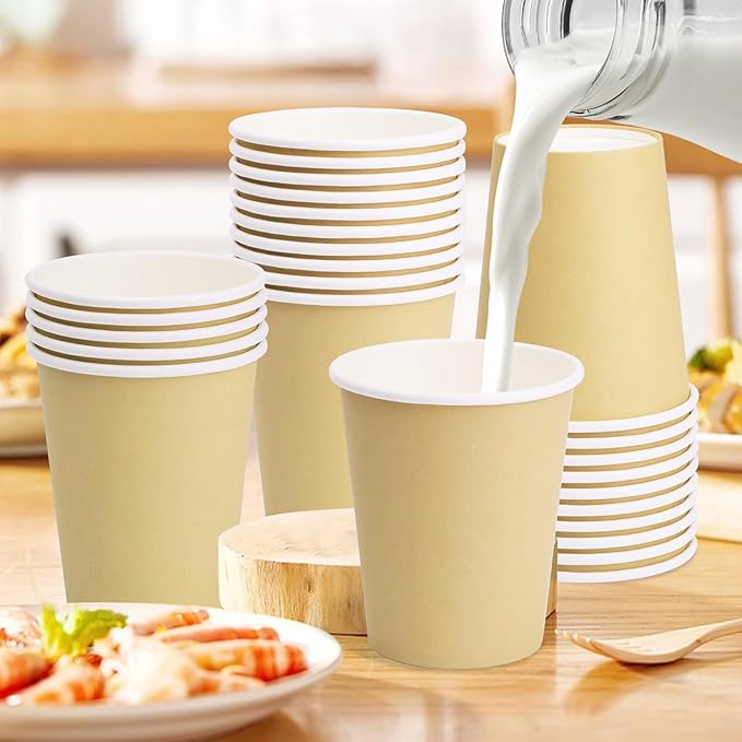 Paper Cups 8 oz 25 Pack, Disposable Paper Coffee Cups for Hot or Cold Beverage Drinking for Party, Picnic, BBQ, Travel, and Event -Khaki
