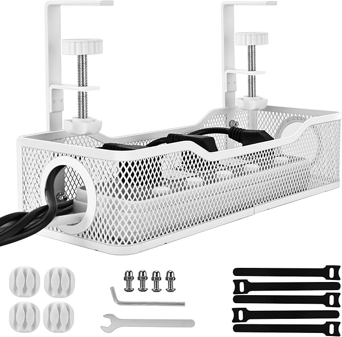 Clamp-On Under Desk Cable Management Tray – No Drill Metal Cord Organizer for Power Strips & Wires – Easy to Install Under Table Cable Holder (White)