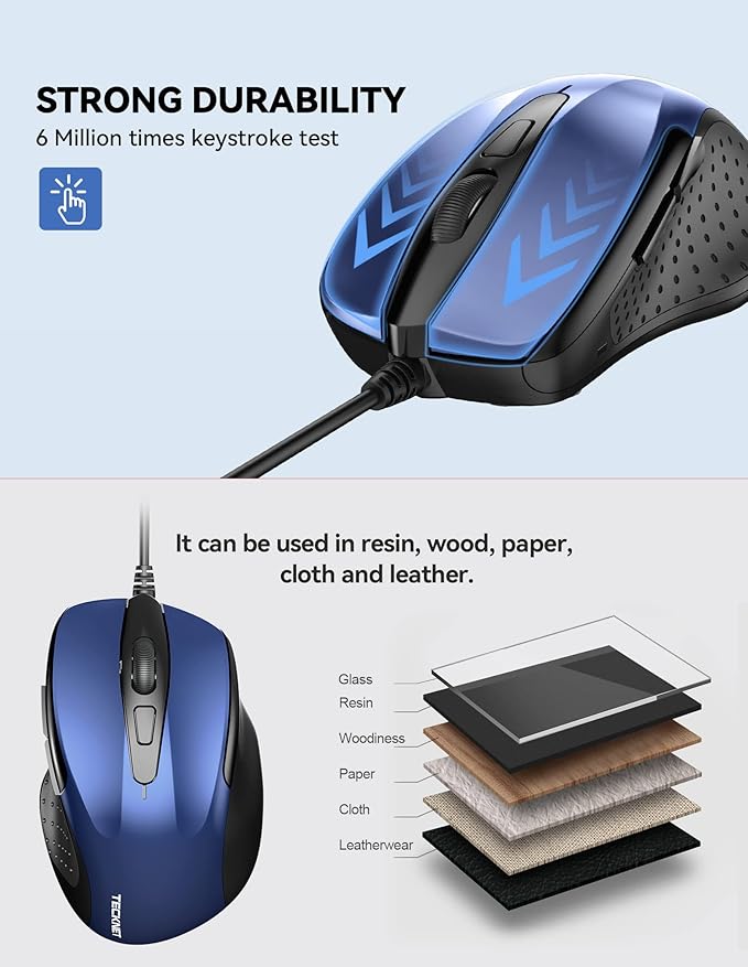 TECKNET USB Wired Mouse, 6-Button Corded Computer Mouse with 4 Adjustable DPI, Optical Computer Mice with Ergonomic Design and 5FT Cord for Laptop, Chromebook, PC, Desktop, Mac, Notebook-Blue
