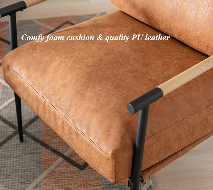 DUOMAY Mid-Century Modern Accent Chair Armchair, Soft PU Leather Sofa Lounge Chair Reading Chair with Metal Leg for Living Room Bedroom Office, Brown