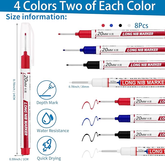 8 PCS Long Head Deep Hole Marker Pens,20mm Long Nib Marker, Longs Nose Markers, Waterproof Construction Markers Marking Tool,Permanent Markers Carpenter Ink marker Pens,Metal marking Pens