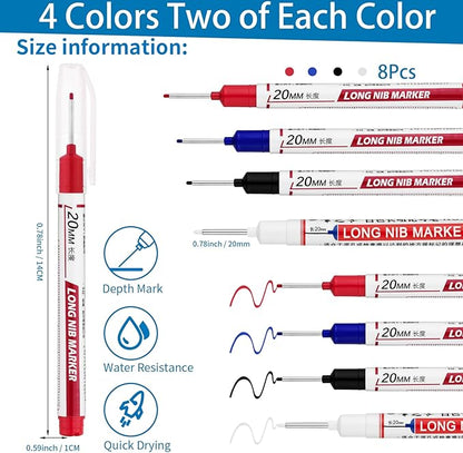8 PCS Long Head Deep Hole Marker Pens,20mm Long Nib Marker, Longs Nose Markers, Waterproof Construction Markers Marking Tool,Permanent Markers Carpenter Ink marker Pens,Metal marking Pens