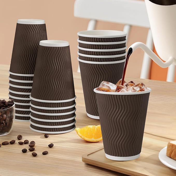 12 oz Coffee Cups Disposable, 100 Count Insulated Paper Coffee Cups, Corrugated Ripple Wall Design Paper Cup, Hot Cold Drinking Cup for Party, Picnic, Travel, Business, Home