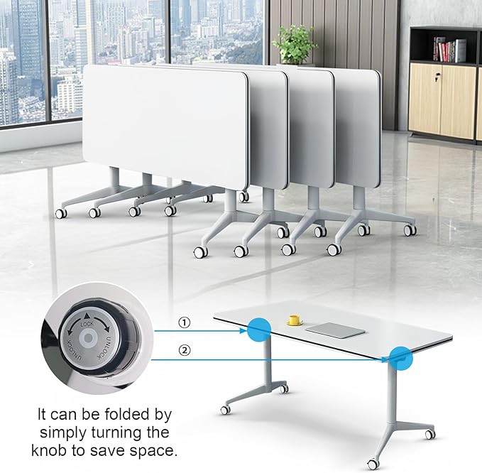 Folding Conference Table, Conference Room Tables Foldable Large Meeting Seminar Table on Wheels,Flip Top Boardroom Training Tables for Office, Classroom,Meeting (12, White, 70.8)