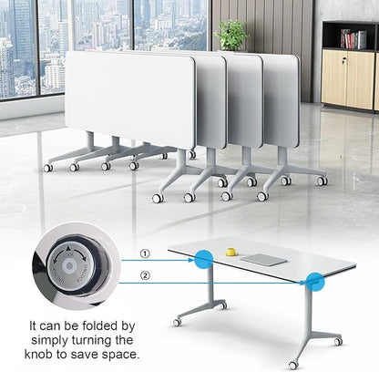 Folding Conference Table, Conference Room Tables Foldable Large Meeting Seminar Table on Wheels,Flip Top Boardroom Training Tables for Office, Classroom,Meeting (12, White, 70.8)