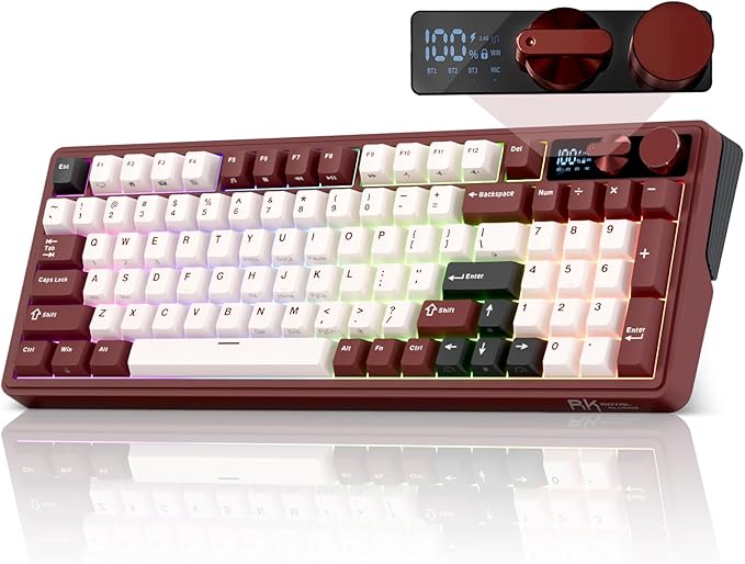 RK ROYAL KLUDGE M100 Wireless Mechanical Keyboard w/Screen & Dual Knobs, Tri-Mode Gasket Mount Gaming Keyboard with Number Pad, Hot Swappable Cream Switch, Red