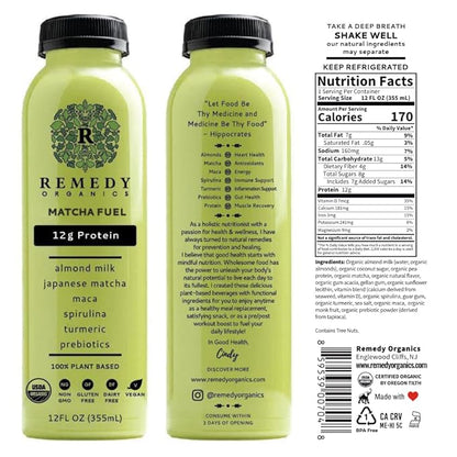 Remedy Organics Matcha Fuel 12-Pack | Plant Based 20g Protein Shakes, Ready to Drink | USDA Organic, Gluten Free, Dairy Free, Soy Free