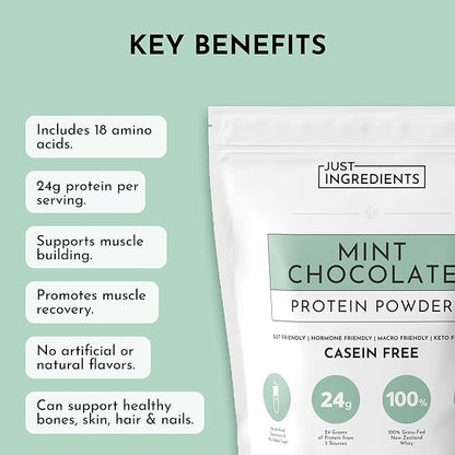 JUST INGREDIENTS Mint Chocolate Protein Powder – 30 Serving Bag – Grass-Fed Whey & Plant Protein Blend with Real Cocoa & Peppermint –Sweetened, Non-GMO, Gluten-Free, No Artificial Flavors