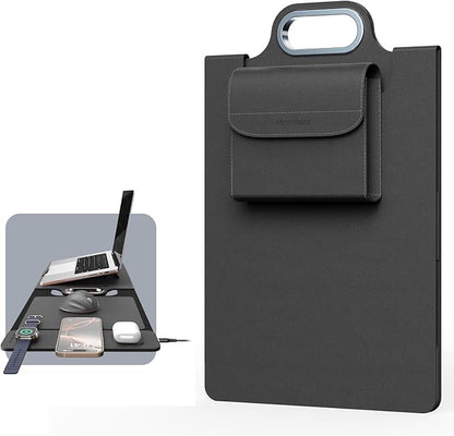 MicroPack Laptop Sleeve with Wireless Charging, Built-in Detachable Accessory Organizer and Metal Handle, Mouse Pad and Stand, Leather Laptop Bag for 15 Inch MacBook/HP/Dell, Watch, Headphones - Black