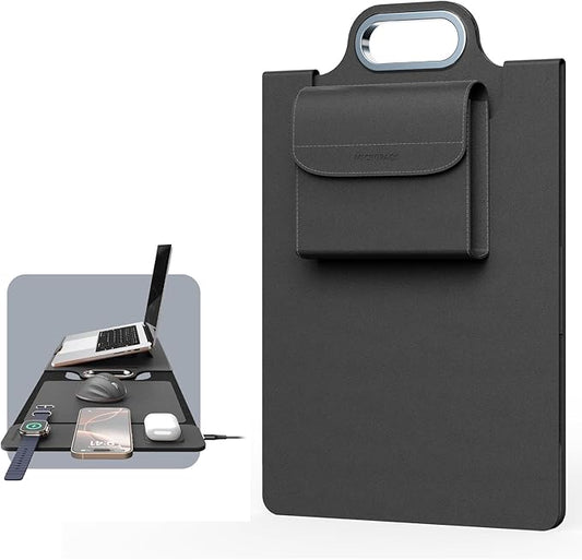 MicroPack Laptop Sleeve with Wireless Charging, Built-in Detachable Accessory Organizer and Metal Handle, Mouse Pad and Stand, Leather Laptop Bag for 15 Inch MacBook/HP/Dell, Watch, Headphones - Black