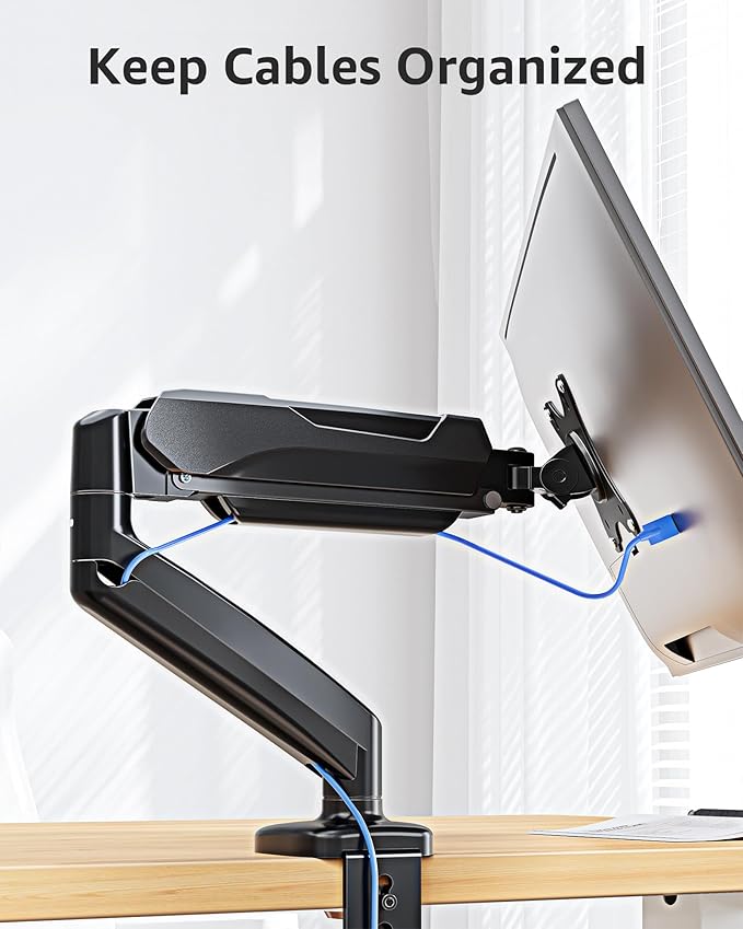 MOUNTUP Single Monitor Desk Mount Holds Screen up to 32 inch, Adjustable Gas Spring Monitor Arm, Computer Monitors Stand with Clamp/Grommet Mounting Base, VESA Mounts Fit 4.4-17.6lbs Computer, Black