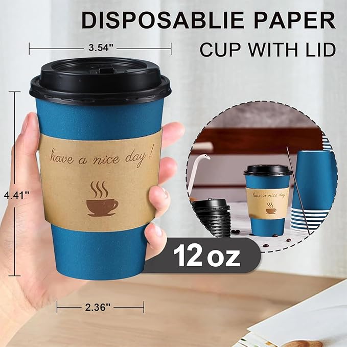 100 Pack 12 oz Coffee Cups with Lids, Disposable To Go Paper Coffee Cups with Sleeves and Stirring Sticks for Hot/Cold Drinks Office Home Shop Event (Navy)