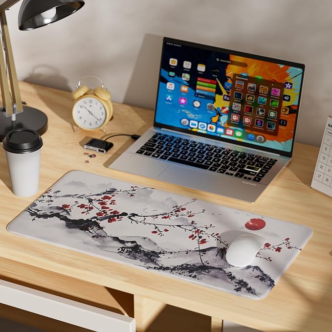 Large Sakura Mouse Pad, White Japanese Cherry Blossom Desk Mat,Extended Non-Slip Keyboard Mouse Pad Waterproof Office Desk Pad 23.6"x11.8" Anime Mouse Pads Desktop Protector for Office Home