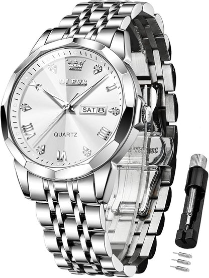 OLEVS Watches for Men Diamond Business Dress Analog Quartz Stainless Steel Date Luxury Casual Fashion Wrist Watch Waterproof Luminous