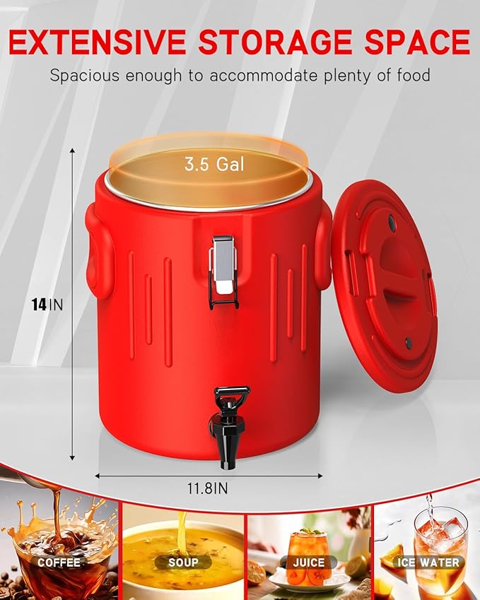Insulated Beverage Dispenser 3.5 Gallon- Ice and Hot Drink Dispenser with 304 Stainless Steel Interior and Spout, Portable Hot Water Dispenser, Outdoors Cooler Jug for Camping Party Sports, New