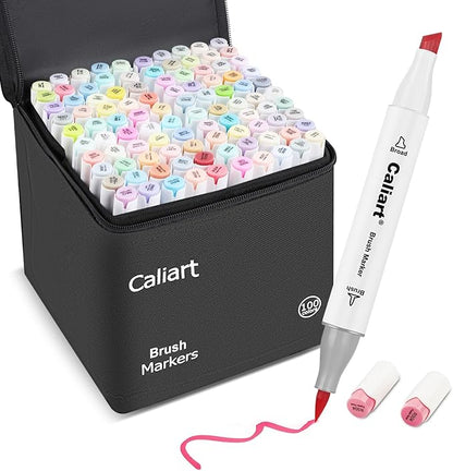 Caliart Pastel Alcohol Markers Brush Tip, 100 Colors Dual Tip Coloring Marker Pen Set Brush & Chisel, Art Supplies Gift for Adults Coloring Book Artists Sketch Drawing Illustration
