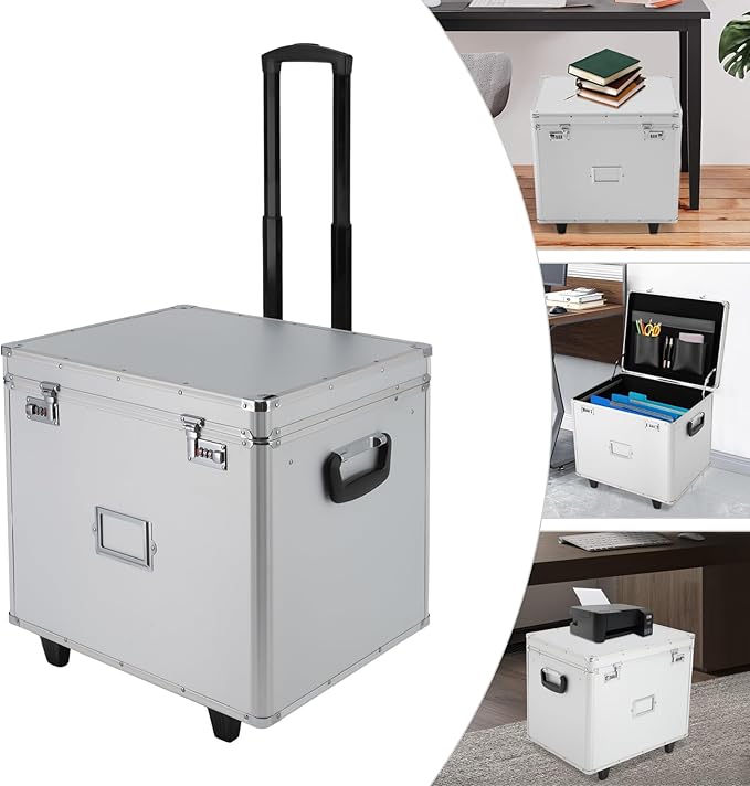 Portable File Box on Wheels Hand Pull Locking Mobile Business Case with Handle Rolling File Organizer Storage Box with Lock Modern Wheeled File Cabinet Filing Cabinets for Office Documents, Silver