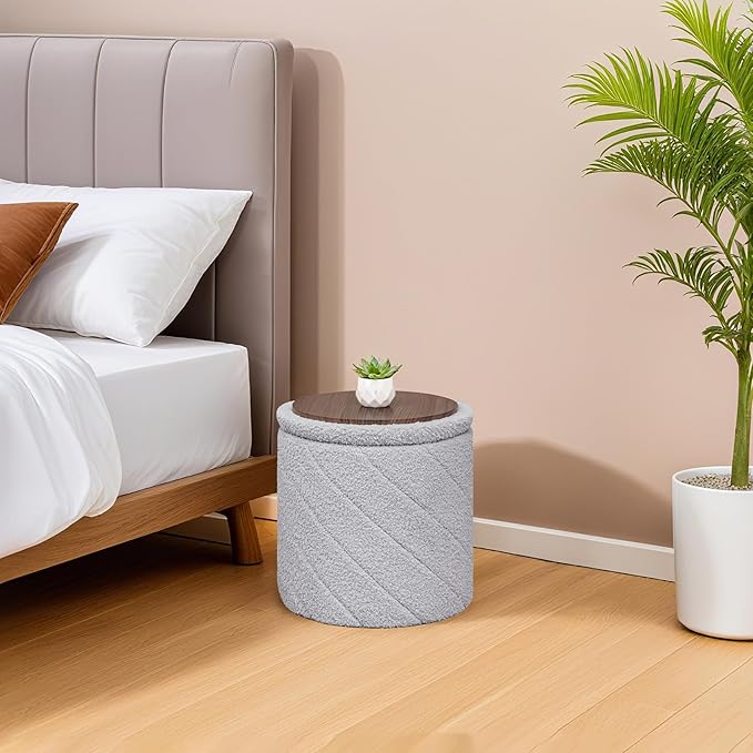 B FSOBEIIALEO Ottoman with Stroage, Boucle Round Storage Ottoman with Tray,Foot Rest Stool for Dorm Room, Living Room Grey, 12.99"x12.99"x13.78"