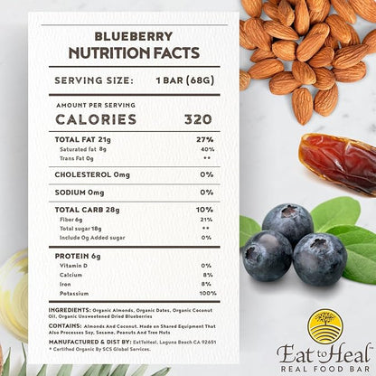 EatToHeal Blueberry Real Food Bar - Organic Protein Bars, Vegan Food, Healthy Gluten Free Protein Food - Low Sugar Protein Bars, Non GMO, Never Baked, Plant Based Organic Snacks - Crafted to Enjoy