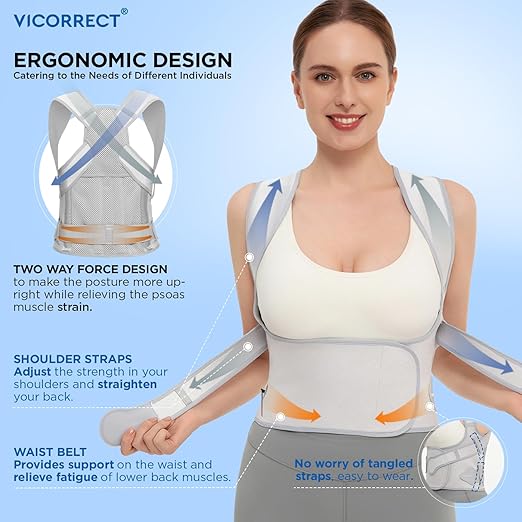 Vicorrect Posture Corrector for Women and Men: Back Support Brace Relieve Upper Back Shoulders Pain (Gray, Small)