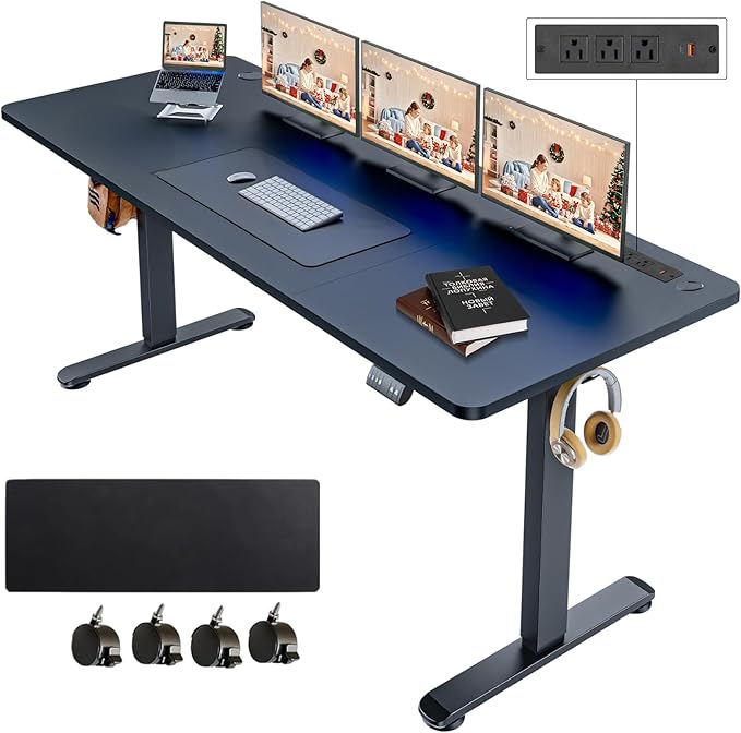 Electric Standing Desk 71 x 27 Inches Adjustable Height Sit Stand Up Desk for Home Office Computer Workstation with 2 USB Ports 3 AC Power Outlets Memory Preset and Wheels, Black