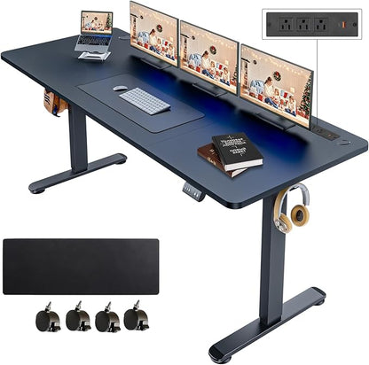 Electric Standing Desk 71 x 27 Inches Adjustable Height Sit Stand Up Desk for Home Office Computer Workstation with 2 USB Ports 3 AC Power Outlets Memory Preset and Wheels, Black