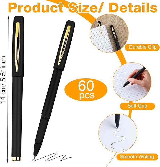 Outus 60 Pcs Black Gel Ink Pens Rollerball Pens Bulk 0.5mm Black Pen Bulk Ultra Fine Point Roller Ball Pens Gel Pens for Office, School, Writing, Taking Notes, Sketching