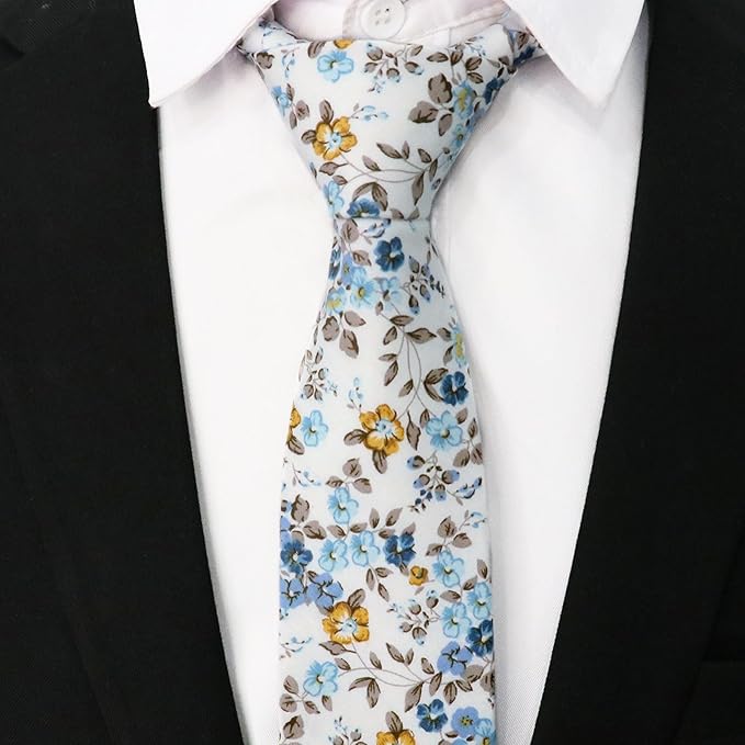 Cotton Floral Ties for Men 2.76" Men's Skinny Tie Linen Flower Printed Neck Tie for Wedding Dating Party