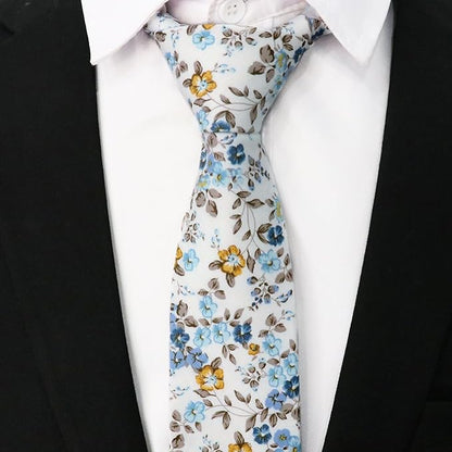 Cotton Floral Ties for Men 2.76" Men's Skinny Tie Linen Flower Printed Neck Tie for Wedding Dating Party