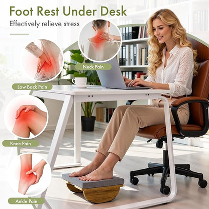 Wooden Under Desk Foot Rest,Foot Stool with Detachable Cushion,Ergonomic Rocking Footrest for Work & Home,Leg Relief & Foot Support,Improves Posture and Blood Circulation