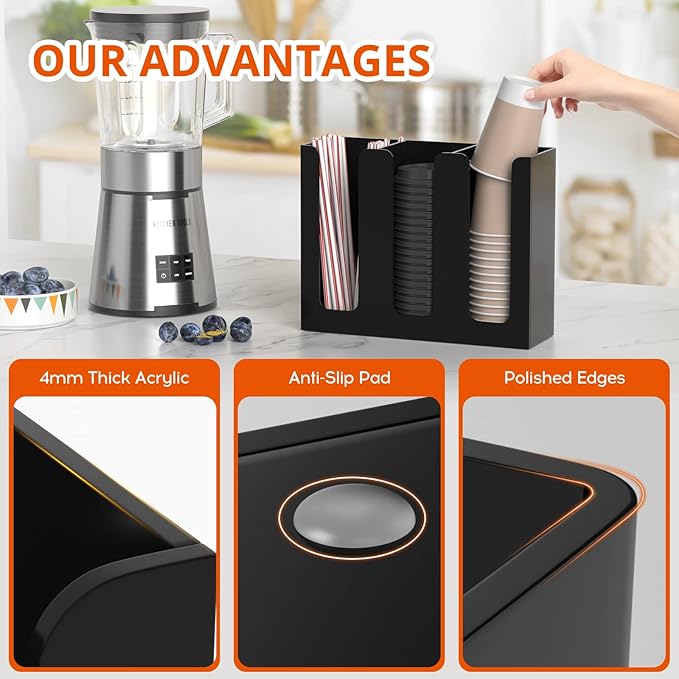 Richboom Acrylic Coffee Cup and Lid Storage Organizer Holder, 3 Compartments, Black