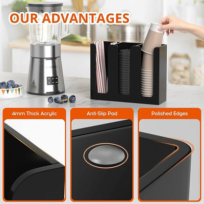Richboom Acrylic Coffee Cup and Lid Storage Organizer Holder, 3 Compartments, Black