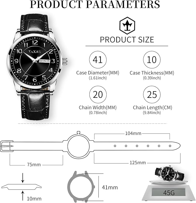 Men's Watch Big Face Easy Read Arabic Numeral Dress Watches for Men Classic Black Brown Leather Band Analog Mens Wrist Watch with Day and Date Fashion Business Waterproof Luminous Quartz Watch