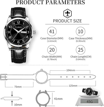 Men's Watch Big Face Easy Read Arabic Numeral Dress Watches for Men Classic Black Brown Leather Band Analog Mens Wrist Watch with Day and Date Fashion Business Waterproof Luminous Quartz Watch