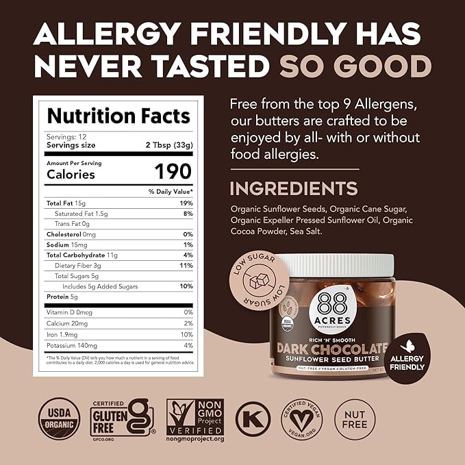 88 Acres Organic Sunflower Seed Butter | Dark Chocolate | Keto-Friendly, Vegan, Gluten Free, Dairy Free, Nut-Free Seed Butter Spread | 14 oz | 2 Pack