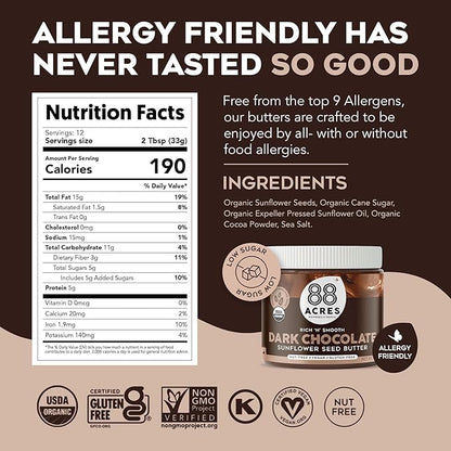 88 Acres Organic Sunflower Seed Butter | Dark Chocolate | Keto-Friendly, Vegan, Gluten Free, Dairy Free, Nut-Free Seed Butter Spread | 14 oz | 2 Pack