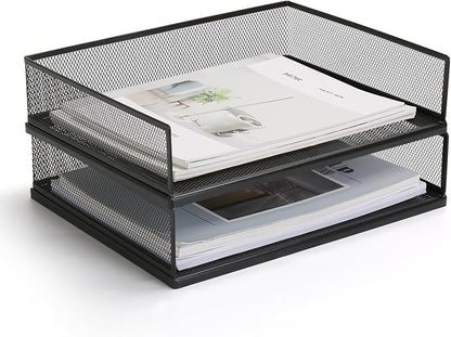 Wire Mesh Letter Trays Paper Tray Desk File Organizer, 2 Pack Stackable Metal Front-Load Documents Tray for Office Supplies File (Transverse)