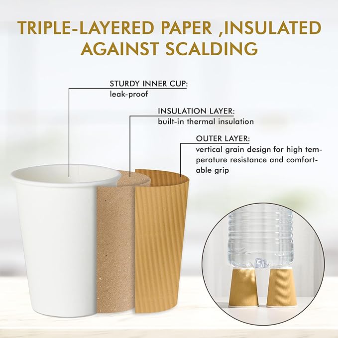 500 Pack 8 oz Coffee Cups, Insulated Ripple Wall Hot Coffee Cups for Home, Office, Hotel, Meetings, Parties