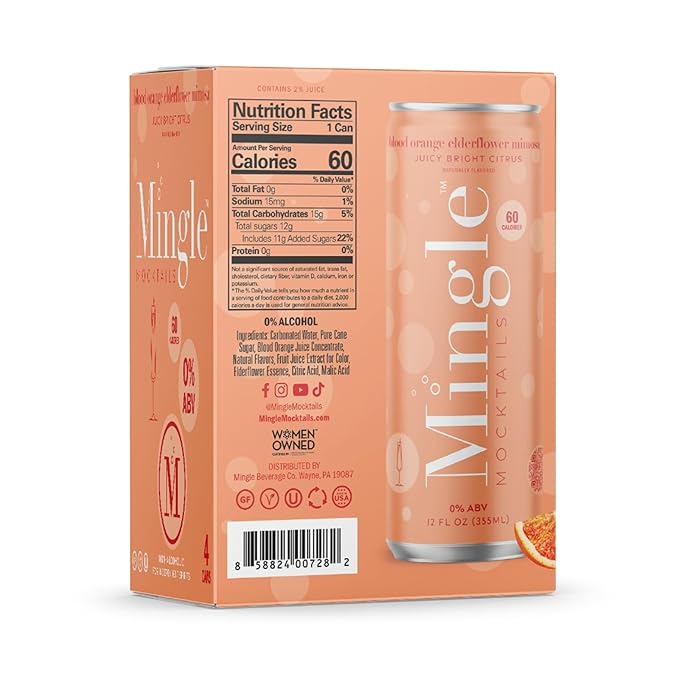 Mingle Mocktails - Blackberry Hibiscus Bellini, Cranberry Cosmo, Key Lime Margarita, Blood Orange Elderflower Mimosa, Cucumber Melon Mojito, Sparkling Raspberry Rose, Variety Pack, Premium Non Alcoholic Cocktails,12 FL OZ Cans (24 Pack Cans)