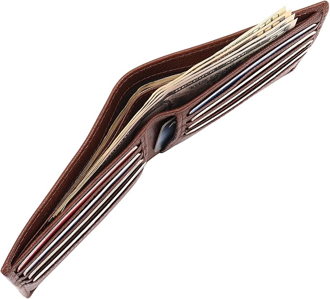 Mens Leather Bifold Wallet RFID Blocking, 8 Credit Card Slots, 2 Sections for Notes & 2 Additional Slots | Choco