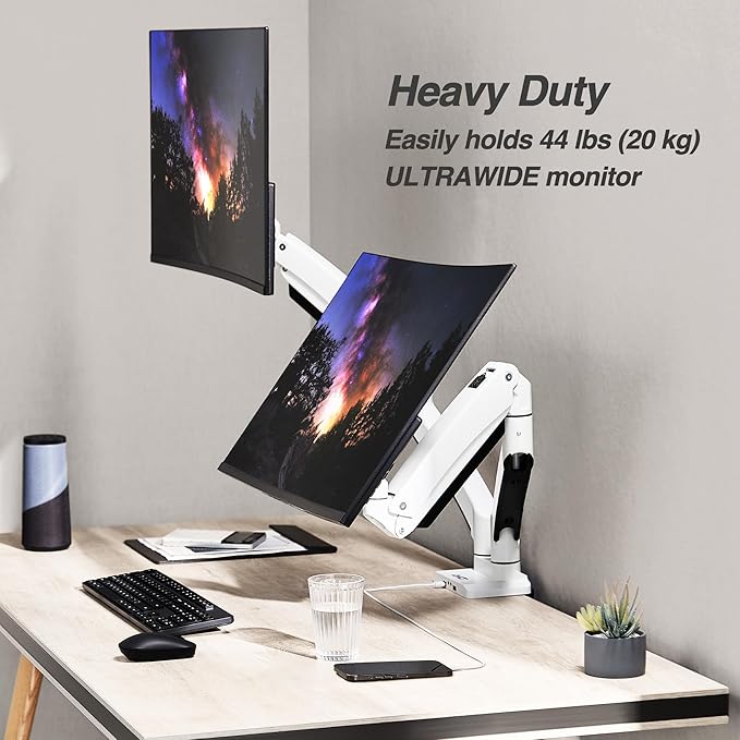 AVLT Dual 13"-43" Monitor Arm - Desk Mount for Two Flat/Curved Monitors - Full Motion Height Swivel Tilt Rotation Adjustable - White/VESA/C-Clamp/Grommet/Cable Management